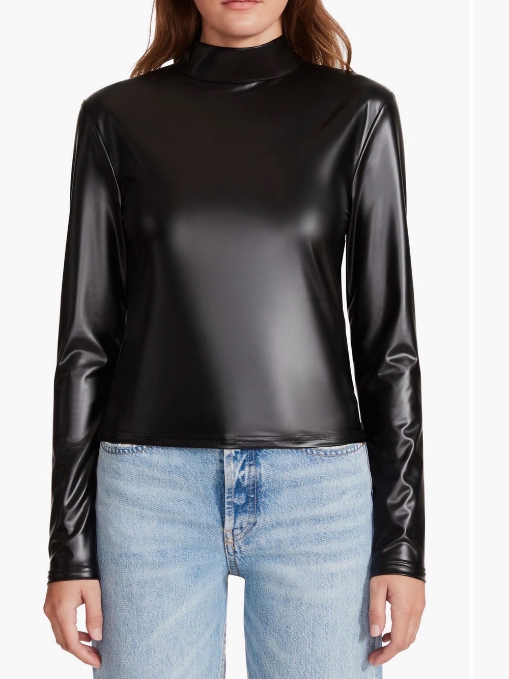 Steve Madden Faux-Leather Long-Sleeve Mock Neck Top